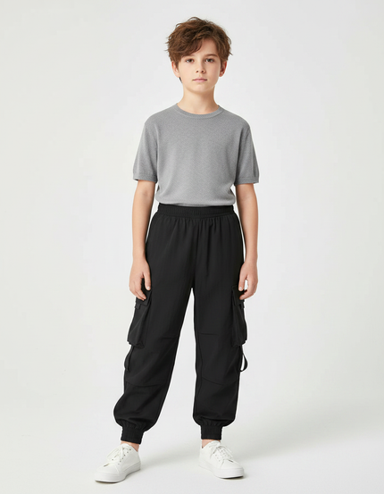 Pantalon Fluide Cargo Noir Ample Multi-Poches Garçon - Polyester