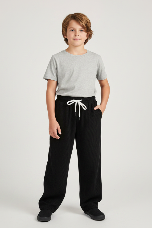 Pantalon Fluide Noir Côtelé Ample Décontracté Garçon - Cordé