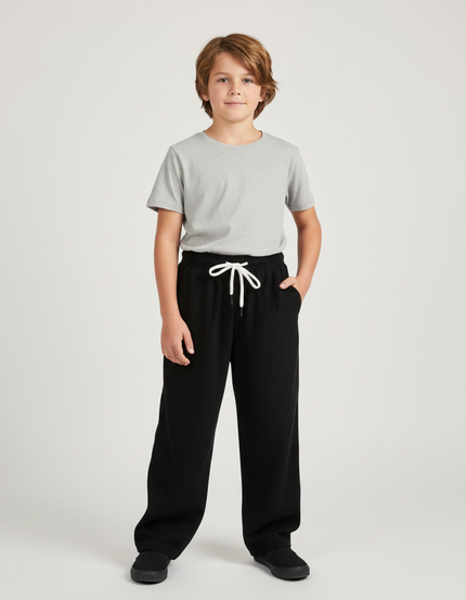 Pantalon Fluide Noir Côtelé Ample Décontracté Garçon - Cordé
