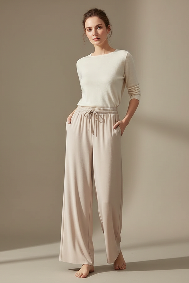 Pantalon Fluide Beige Large Confortable Doux Cordon - Viscose
