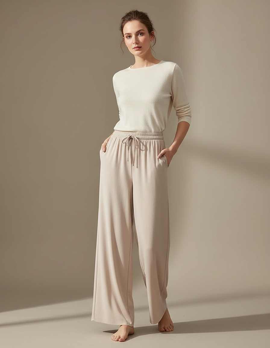Pantalon Fluide Beige Large Confortable Doux Cordon - Viscose