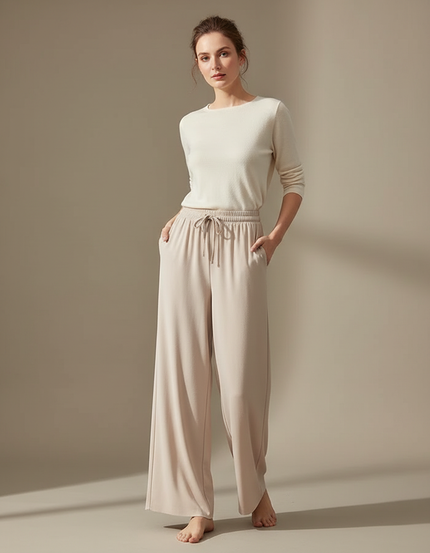 Pantalon Fluide Beige Large Confortable Doux Cordon - Viscose