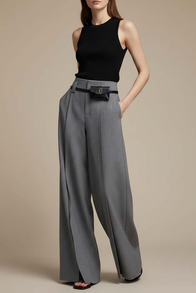 Pantalon Fluide Large Femme Habillé - Gris Laine