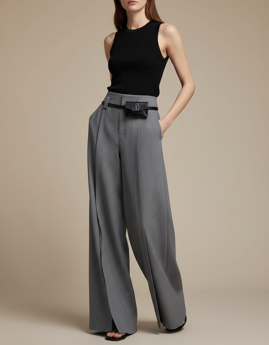 Pantalon Fluide Large Femme Habillé - Gris Laine