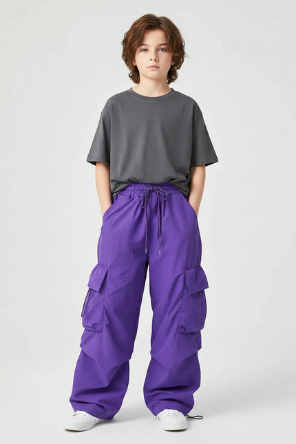 Pantalon Fluide Violet Cargo Ample Enfant Tendance - Polyester
