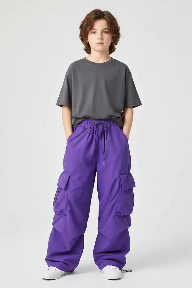 Pantalon Fluide Violet Cargo Ample Enfant Tendance - Polyester