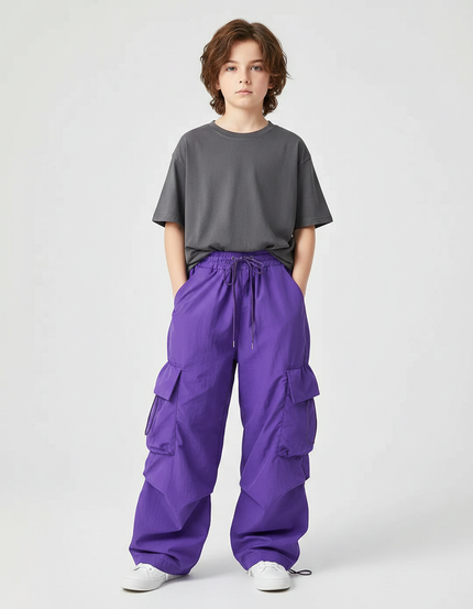 Pantalon Fluide Violet Cargo Ample Enfant Tendance - Polyester