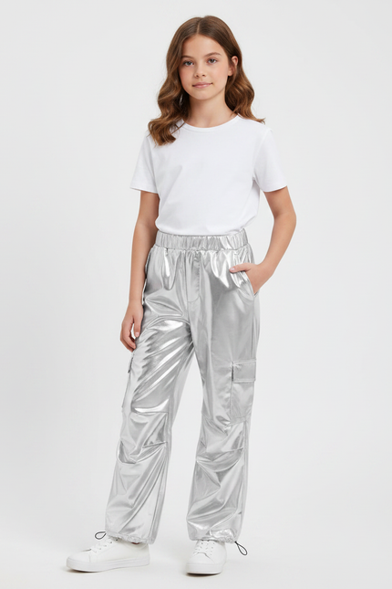 Pantalon Fluide Argenté Métallisé Cargo Brillant Fille - Polyester