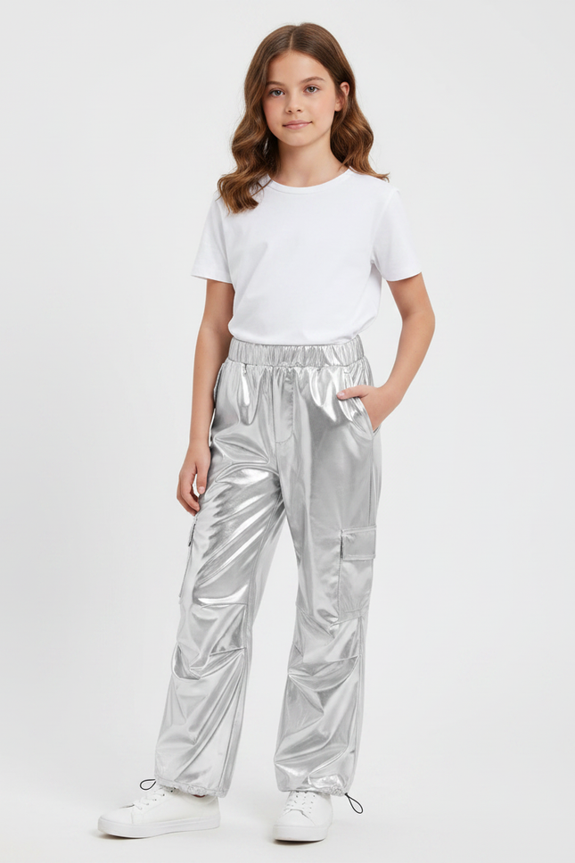 Pantalon Fluide Argenté Métallisé Cargo Brillant Fille - Polyester
