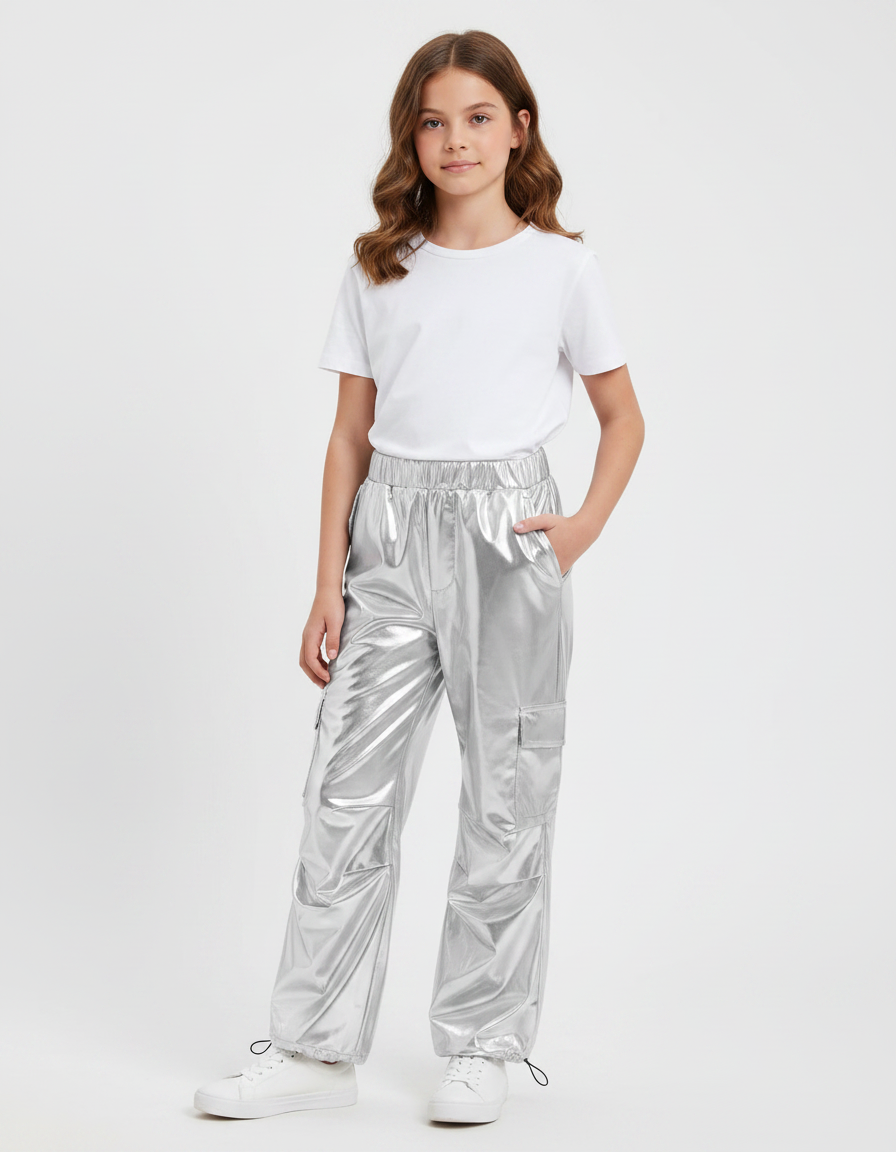 Pantalon Fluide Argenté Métallisé Cargo Brillant Fille - Polyester