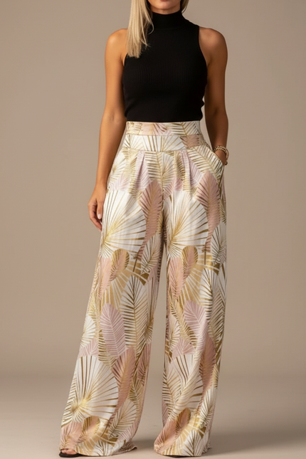 Pantalon Fluide Imprimé Palmiers Dorés Rose Ample Élégant - Viscose