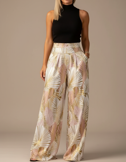 Pantalon Fluide Imprimé Palmiers Dorés Rose Ample Élégant - Viscose