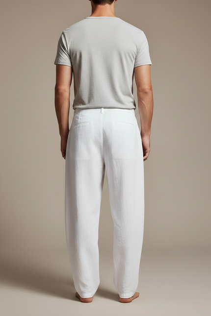 Pantalon Fluide Blanc Ample Cordon Plissé Décontracté - Lin - vue 2