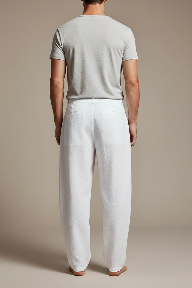 Pantalon Fluide Blanc Ample Cordon Plissé Décontracté - Lin - vue 2