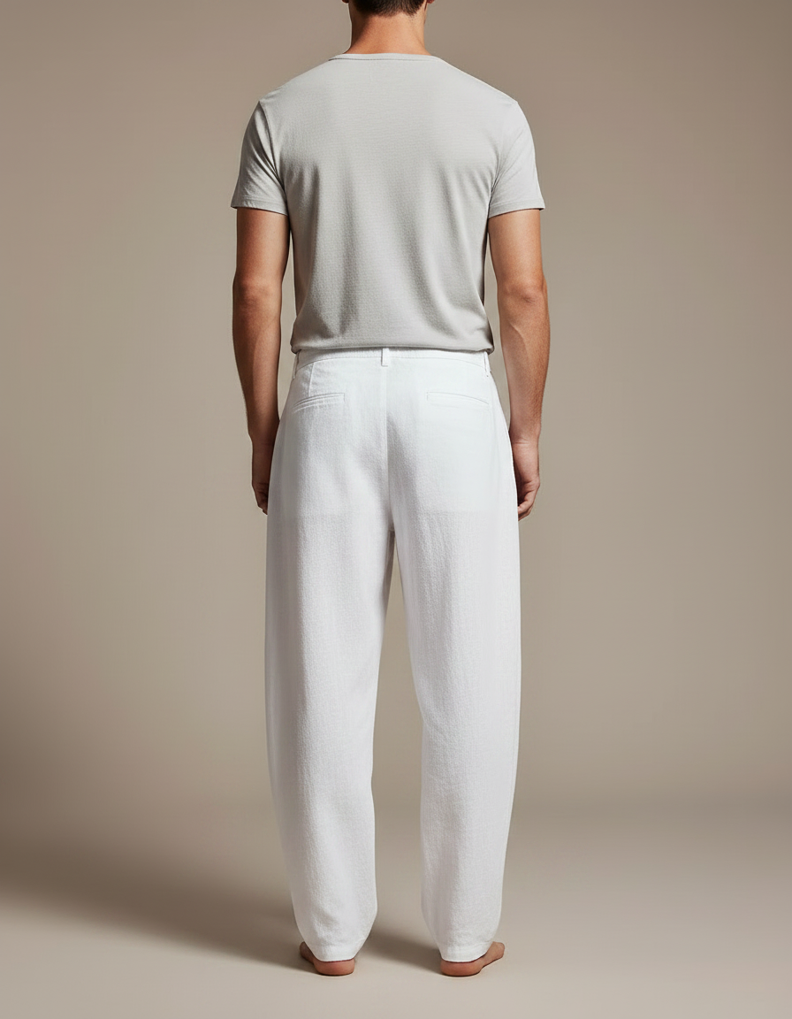 Pantalon Fluide Blanc Ample Cordon Plissé Décontracté - Lin - vue 2