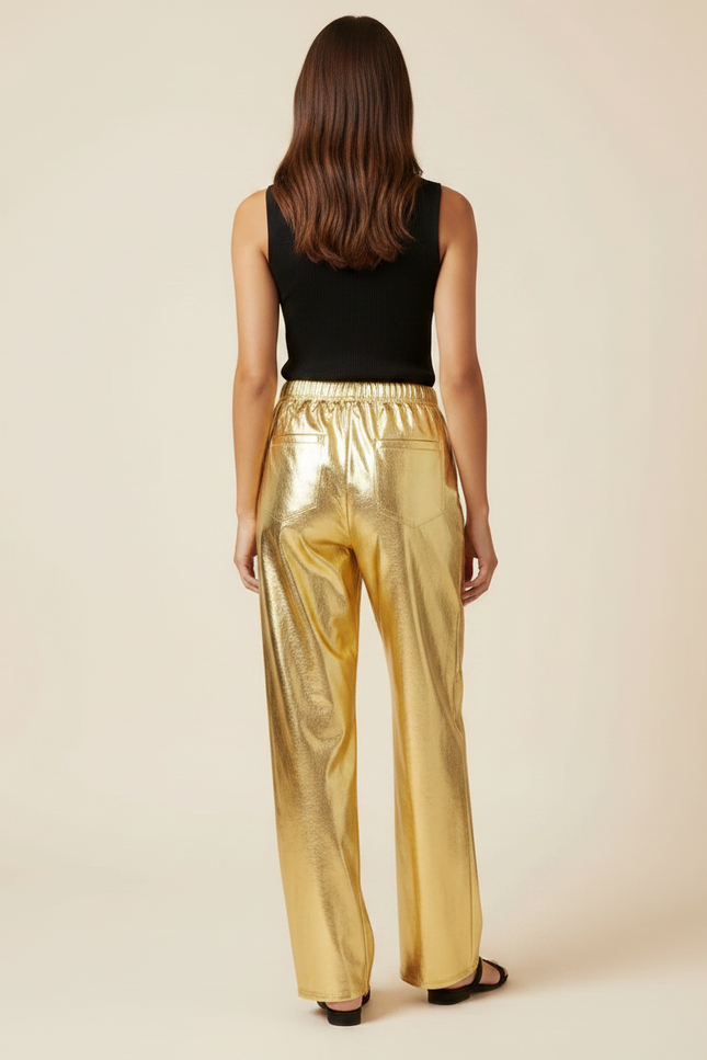 Pantalon Fluide Doré Métallisé Ample Taille Haute Brillant - Polyester - vue 2