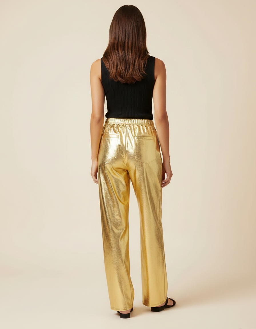 Pantalon Fluide Doré Métallisé Ample Taille Haute Brillant - Polyester - vue 2