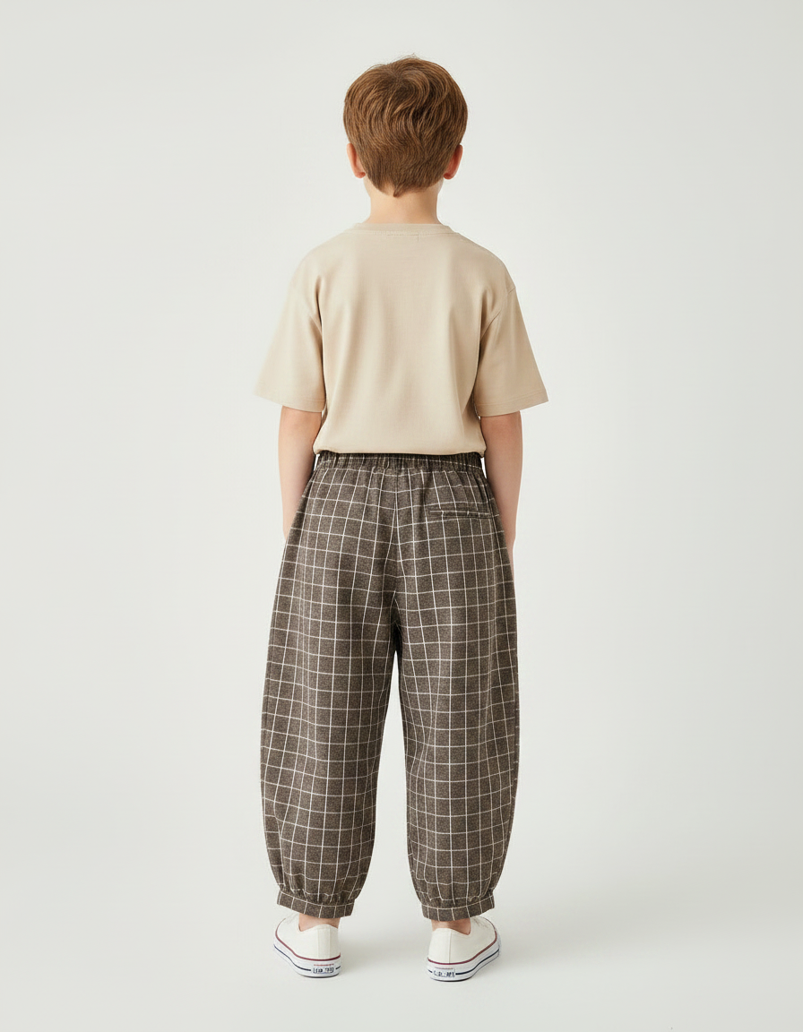 Pantalon Fluide Carreaux Marron Ample Enfants - Laine - vue 2