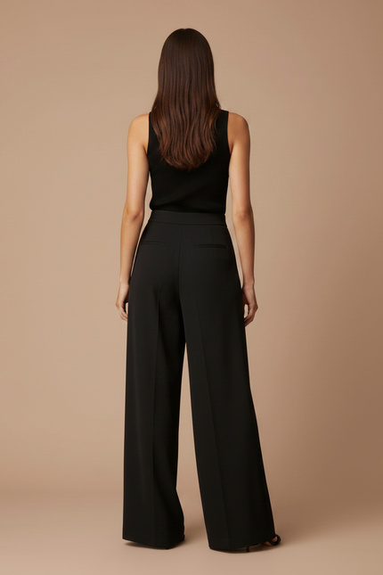 Pantalon Fluide Noir Ample Taille Haute Boutons Dorés - Polyester - vue 2