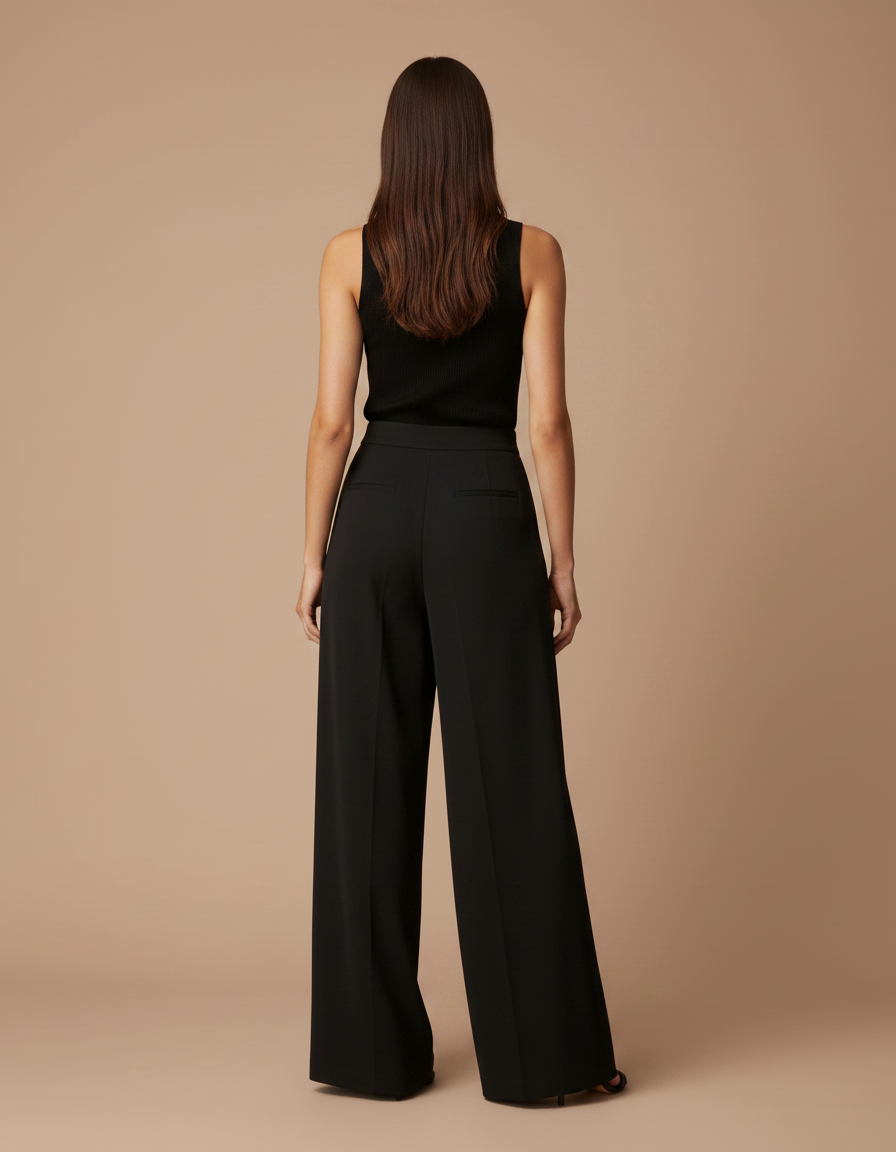 Pantalon Fluide Noir Ample Taille Haute Boutons Dorés - Polyester - vue 2