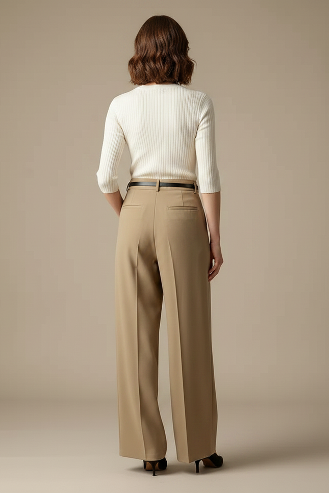 Pantalon Fluide Beige Large Plissé Élégant Décontracté - Polyester - vue 2