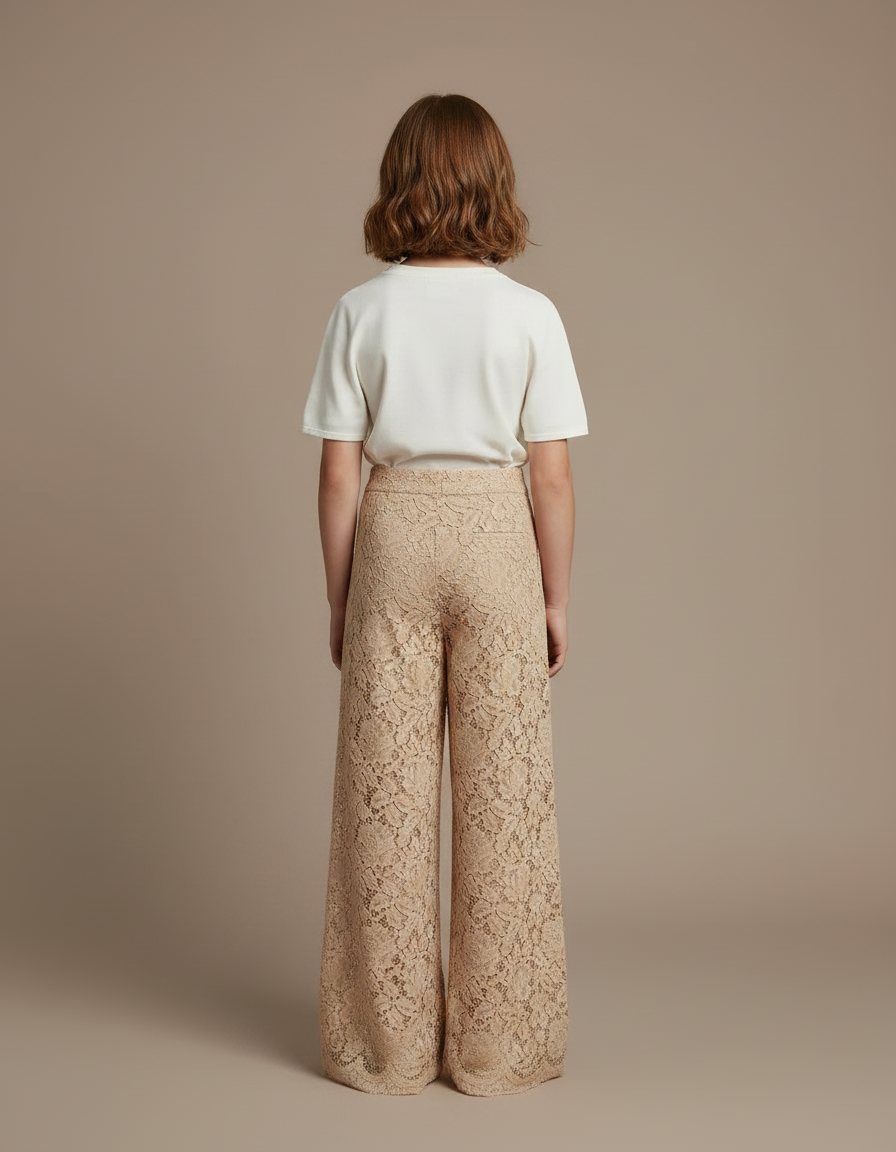 Pantalon Fluide Beige Dentelle Ample Fille Élégant - Polyester - vue 2