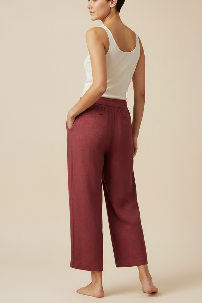 Pantalon Fluide Brique Ample Coton Lin Élégant Décontracté - Bordeaux - vue 2
