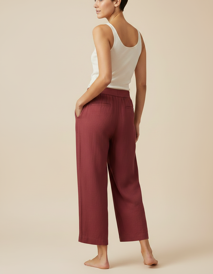 Pantalon Fluide Brique Ample Coton Lin Élégant Décontracté - Bordeaux - vue 2
