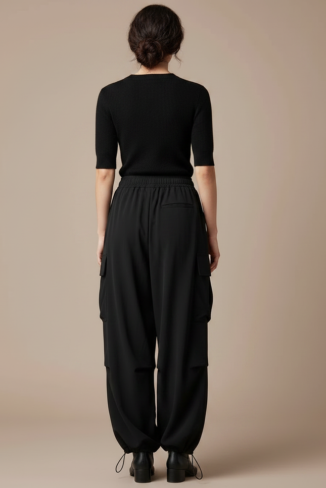 Pantalon Fluide Noir Ample Cargo Taille Haute - Polyester - vue 2