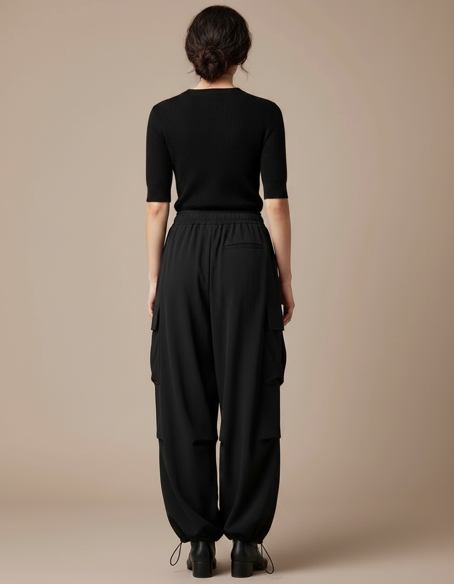 Pantalon Fluide Noir Ample Cargo Taille Haute - Polyester - vue 2