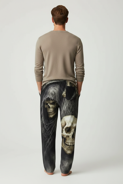 Pantalon Fluide Noir Ample Imprimé Crânes Gothique Homme - Viscose - vue 2