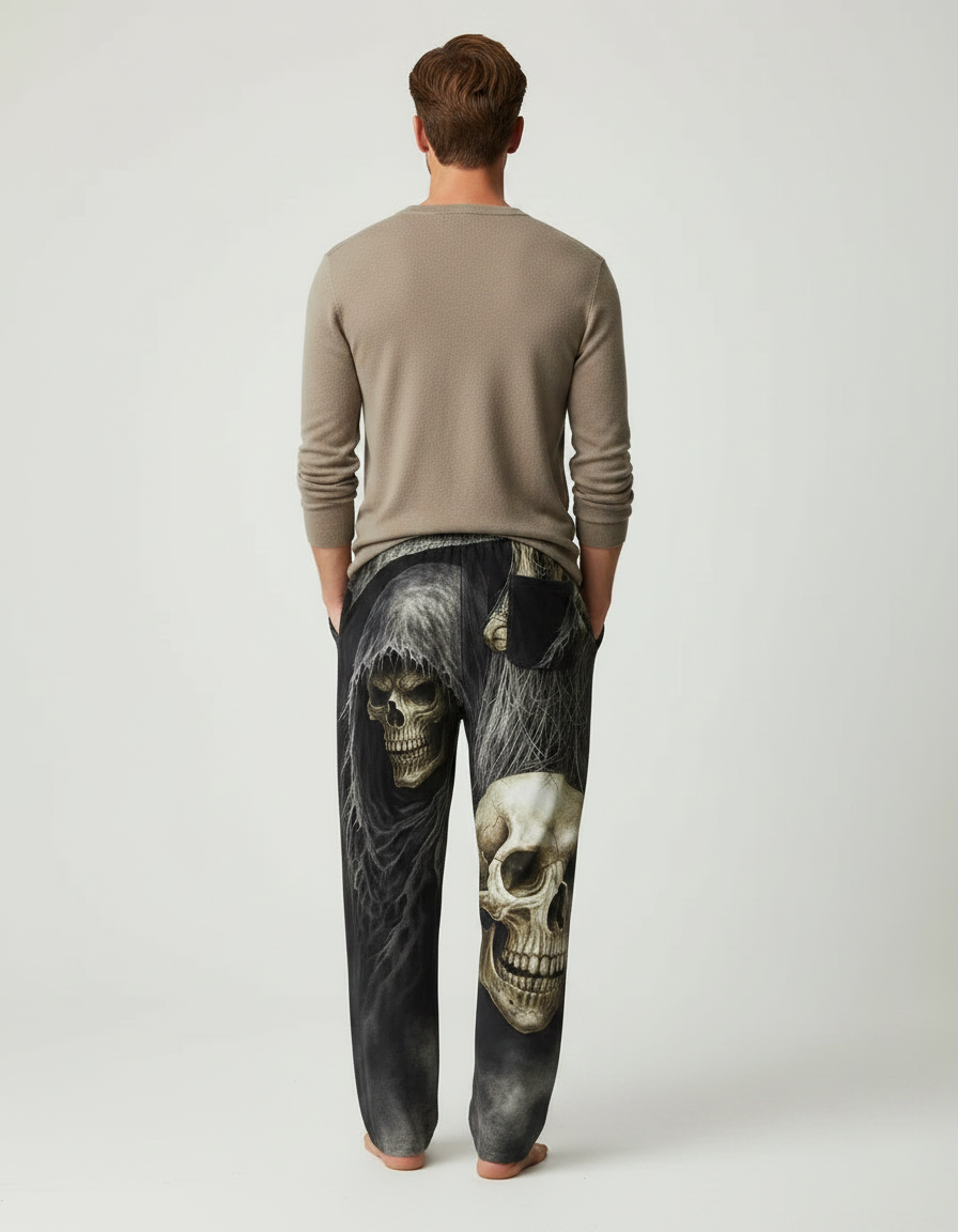 Pantalon Fluide Noir Ample Imprimé Crânes Gothique Homme - Viscose - vue 2