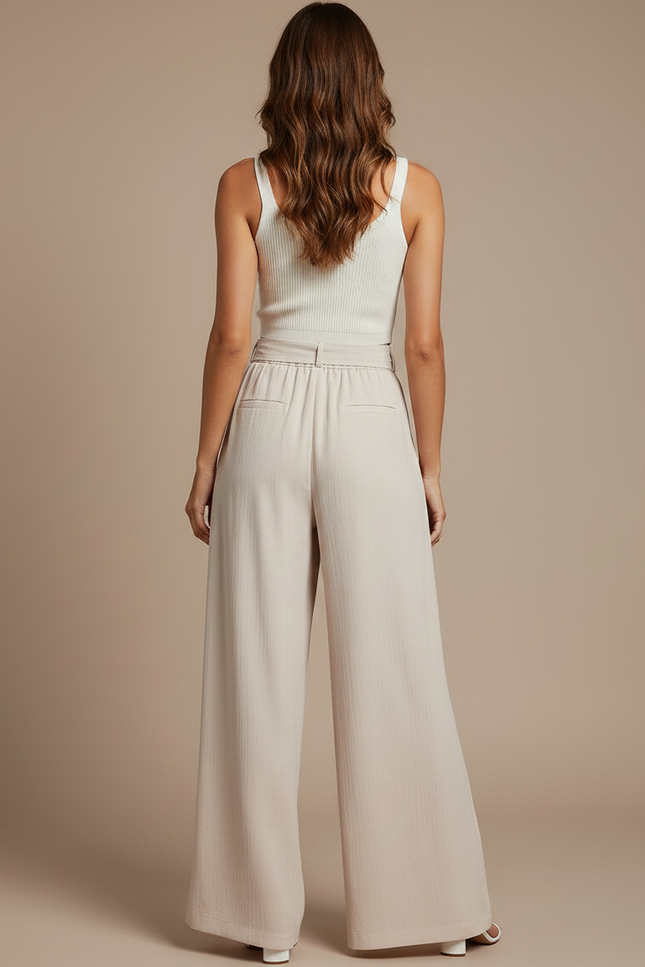 Pantalon Fluide Beige Plissé Ample Fendu Élégant - Viscose - vue 2