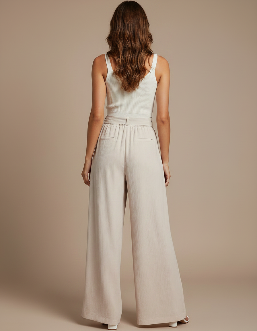 Pantalon Fluide Beige Plissé Ample Fendu Élégant - Viscose - vue 2