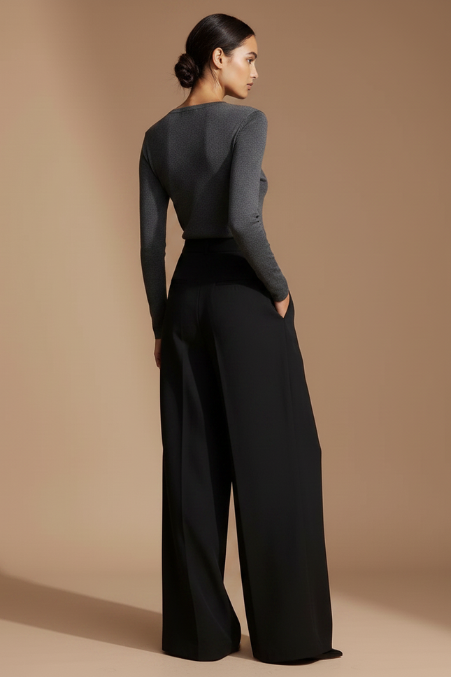 Pantalon Fluide Noir Ample Plissé Taille Haute Élégant - Polyester - vue 2
