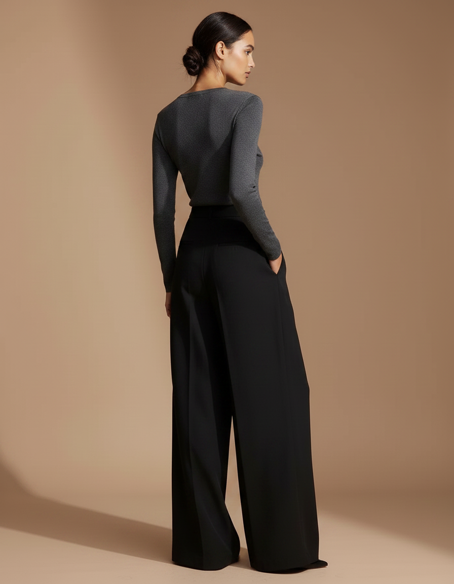 Pantalon Fluide Noir Ample Plissé Taille Haute Élégant - Polyester - vue 2