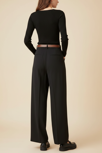 Pantalon Fluide Noir Ample Plissé Taille Haute Femme - Viscose - vue 2