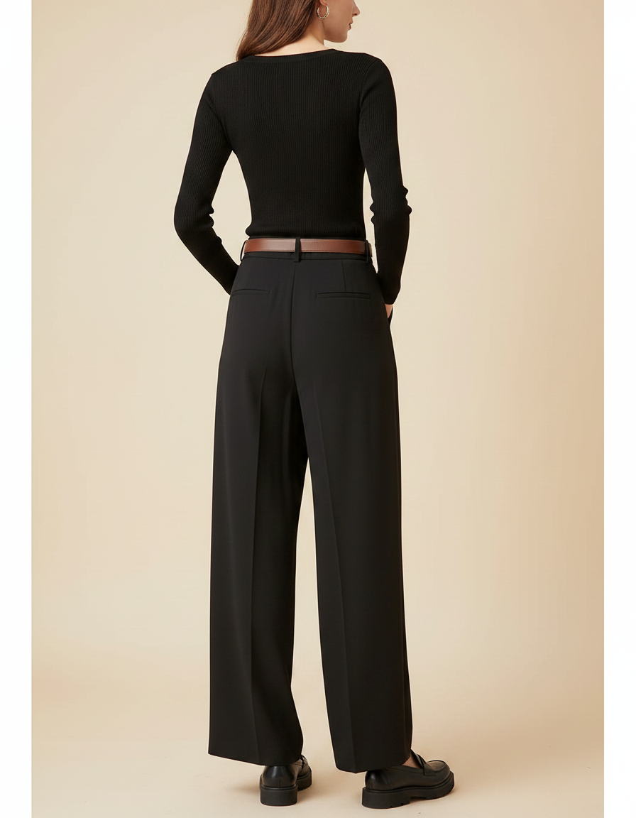 Pantalon Fluide Noir Ample Plissé Taille Haute Femme - Viscose - vue 2