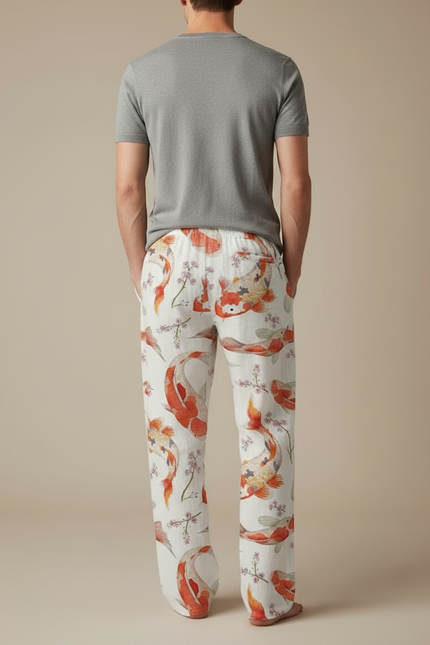 Pantalon Fluide Blanc Ample Imprimé Carpes Koï - Lin - vue 2