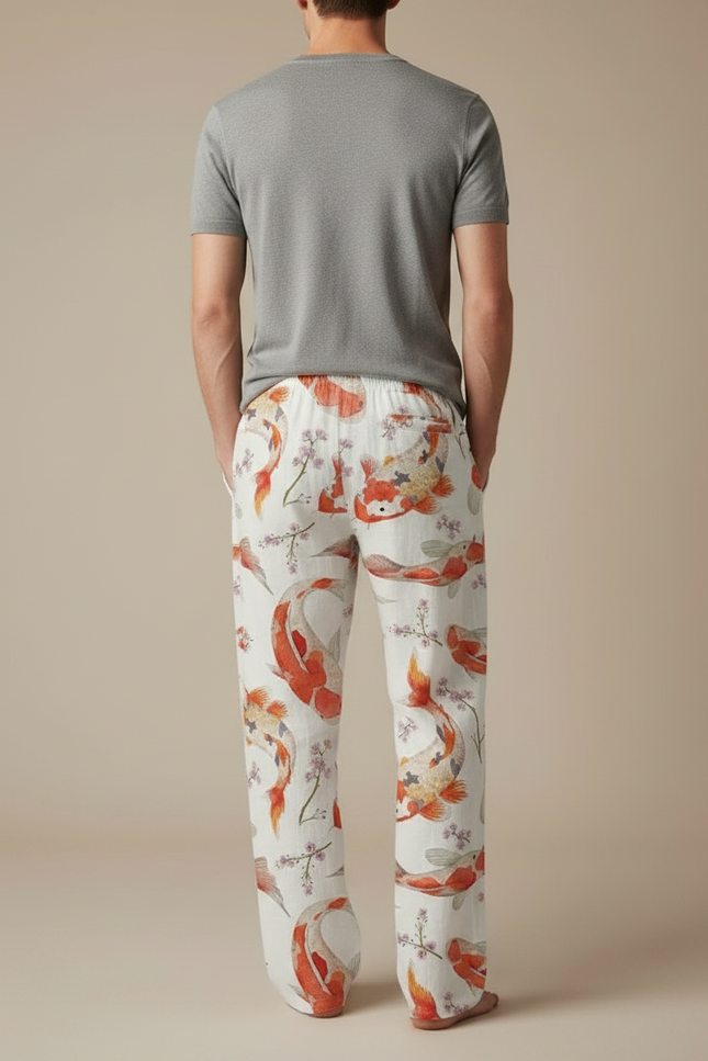 Pantalon Fluide Blanc Ample Imprimé Carpes Koï - Lin - vue 2
