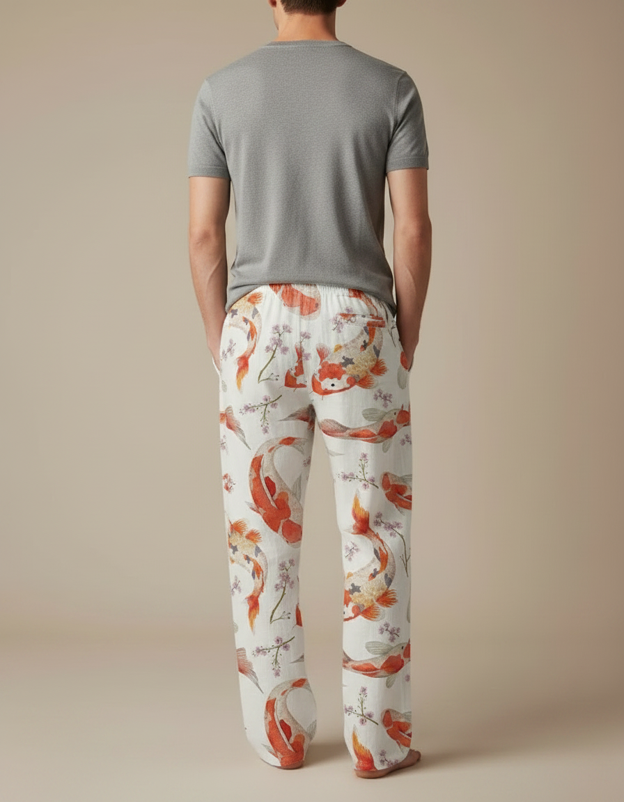 Pantalon Fluide Blanc Ample Imprimé Carpes Koï - Lin - vue 2