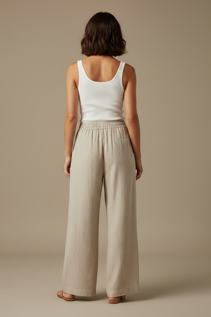 Pantalon Fluide Beige Lin Ample Décontracté Femme - vue 2