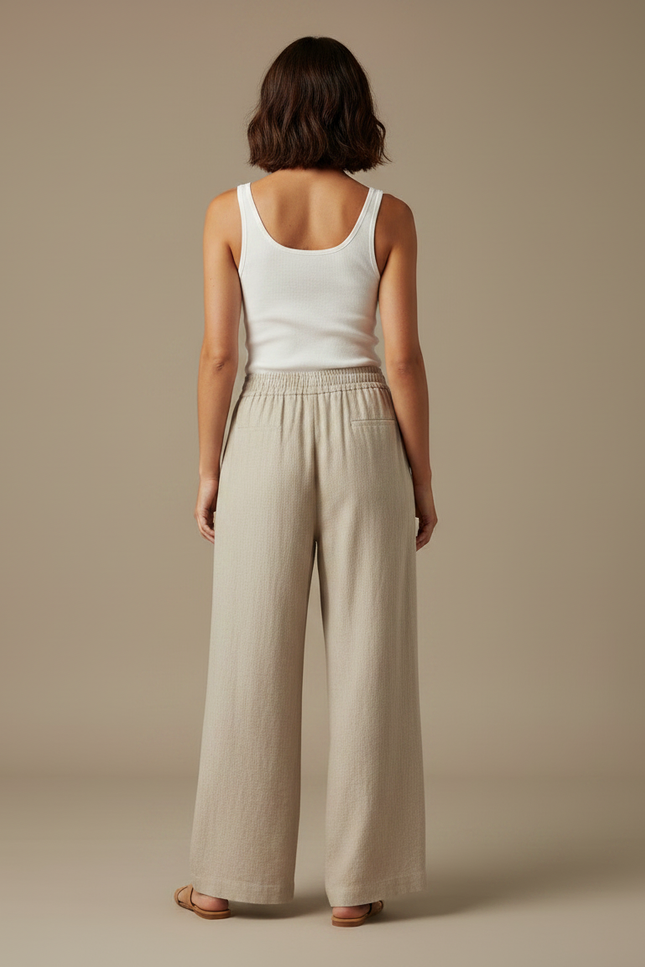 Pantalon Fluide Beige Lin Ample Décontracté Femme - vue 2