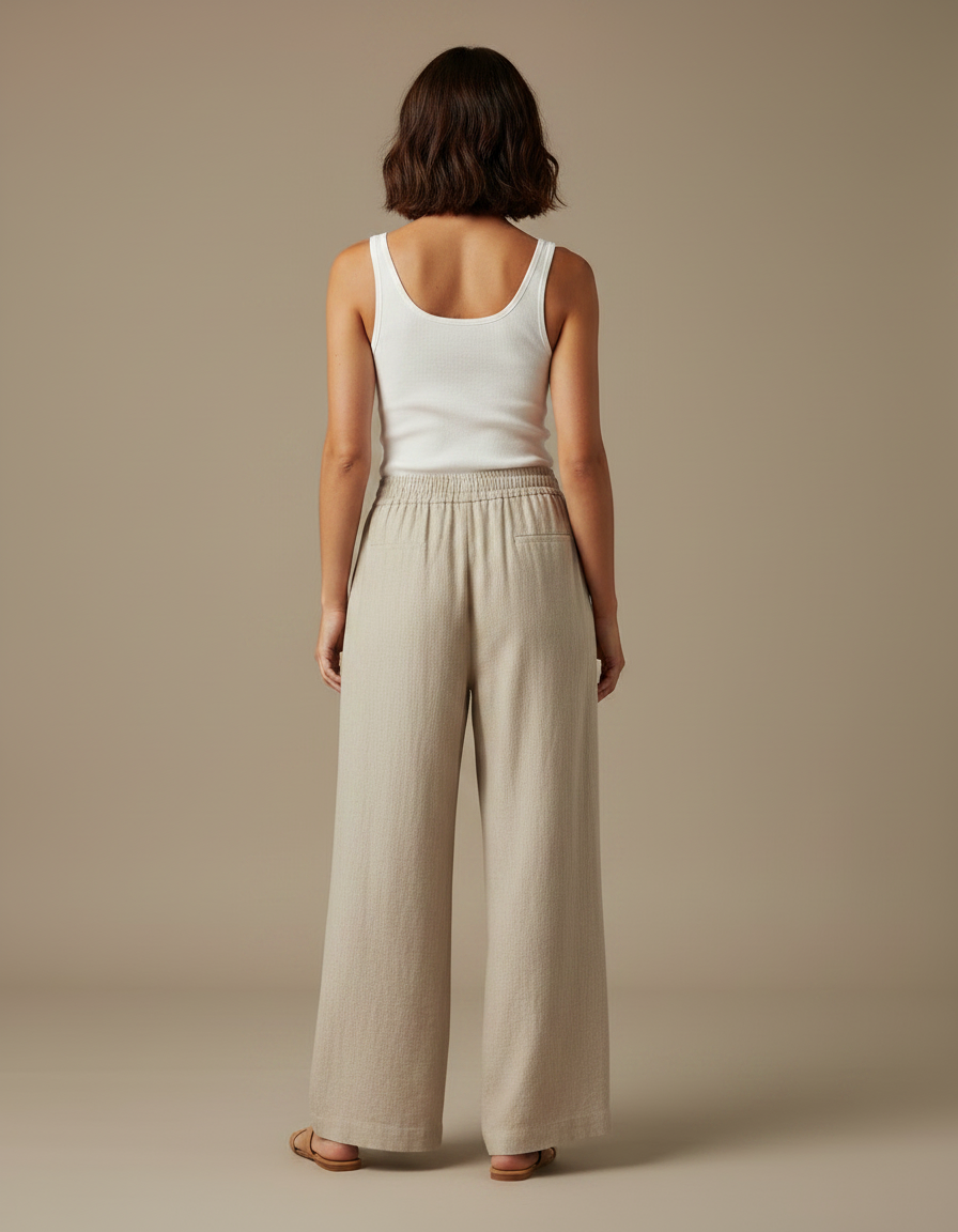 Pantalon Fluide Beige Lin Ample Décontracté Femme - vue 2
