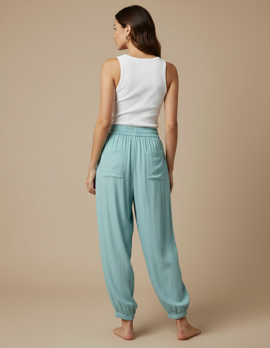 Pantalon Fluide Bleu Ciel Cordon Ample Cheville Casual - Viscose - vue 2