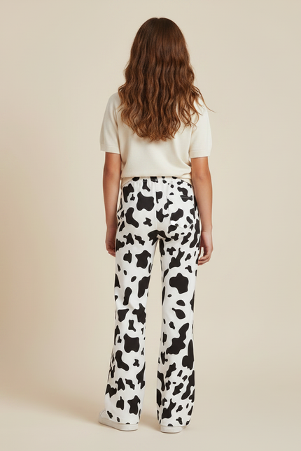 Pantalon Fluide Noir Blanc Motif Vache Évasé Fille - Imprimé Molleton - vue 2