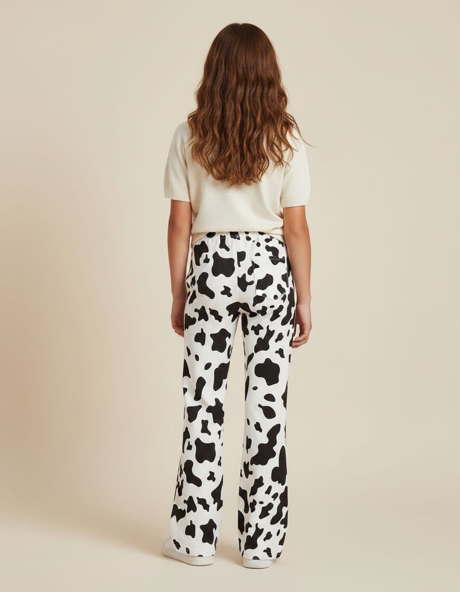 Pantalon Fluide Noir Blanc Motif Vache Évasé Fille - Imprimé Molleton - vue 2