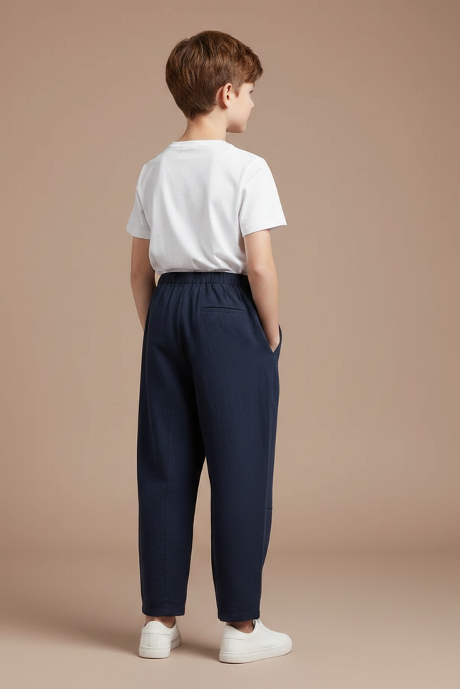Pantalon Fluide Bleu Marine Ample Coton Lin Garçon - vue 2
