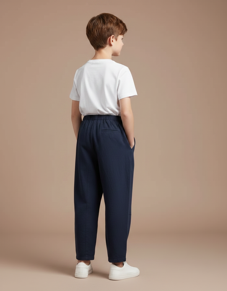 Pantalon Fluide Bleu Marine Ample Coton Lin Garçon - vue 2