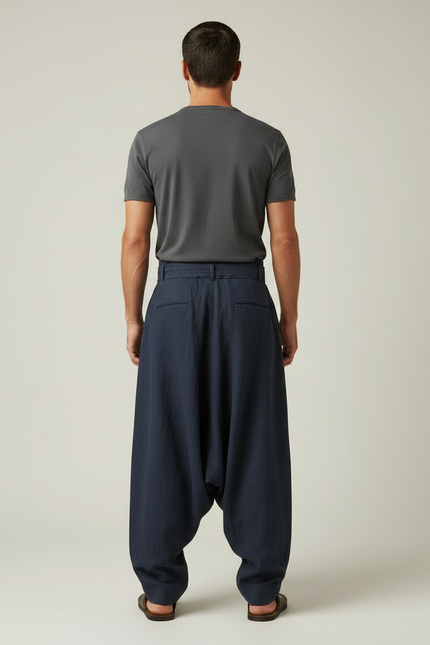 Pantalon Fluide Bleu Marine Plissé Ample Lin Homme - vue 2